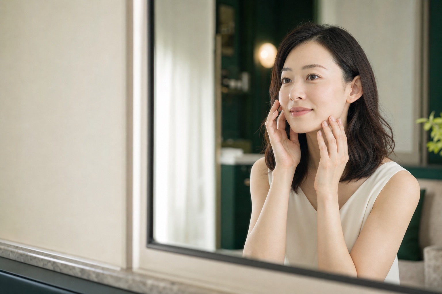 ホテルのドレッシングルームで日本人女性が顔へやさしく触れるイメージ写真