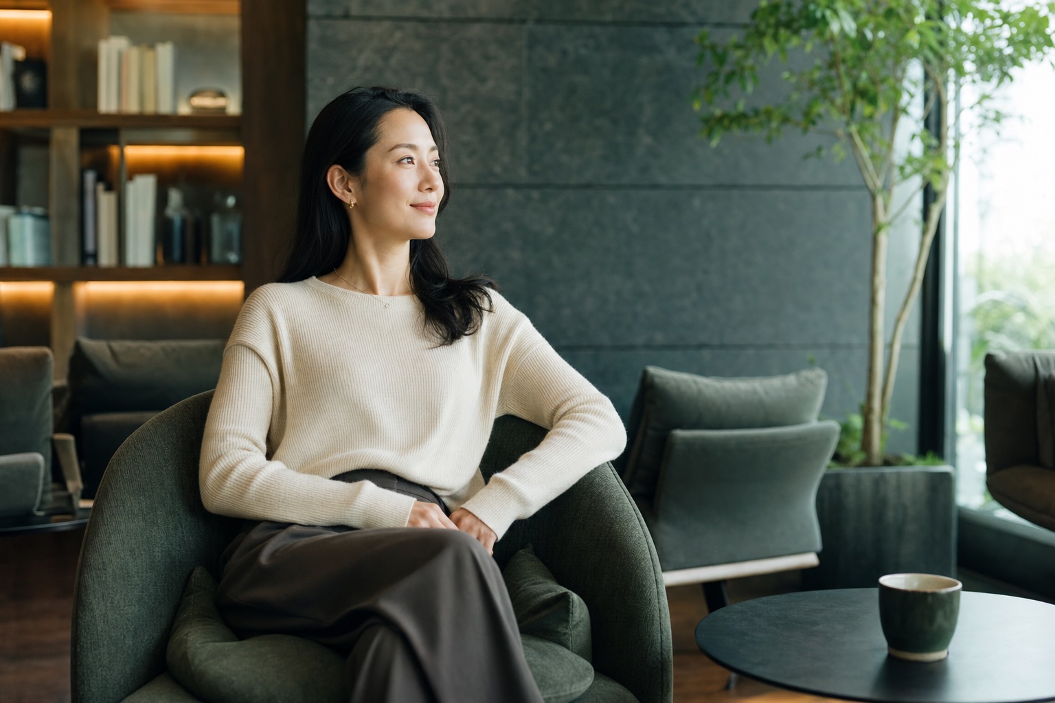 上質なラウンジで日本人女性が力を抜いて座るイメージ写真